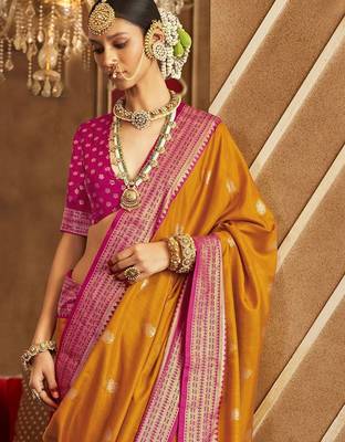 mustard woven design silk blend patola saree 2