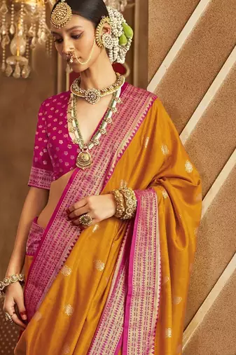 mustard woven design silk blend patola saree