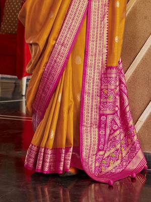 mustard woven design silk blend patola saree 3