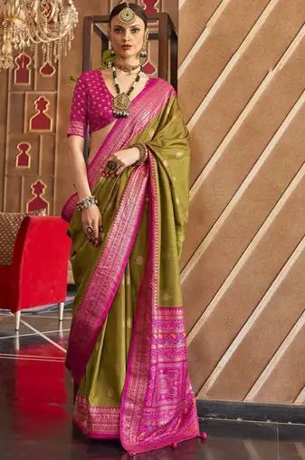 green woven design zari silk blend patola saree