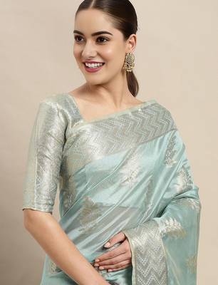 blue kanjeevaram organza ethnic motifs zari traditional saree 1