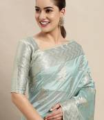 blue kanjeevaram organza ethnic motifs zari traditional saree