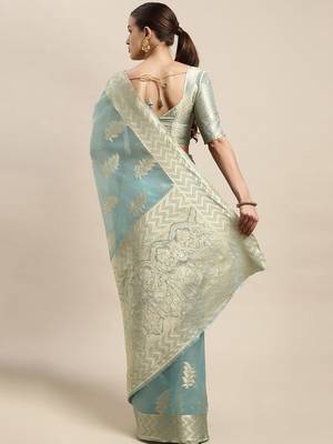 blue kanjeevaram organza ethnic motifs zari traditional saree 3