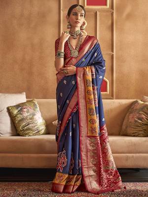 navy_blue woven design zari silk blend patola saree 1