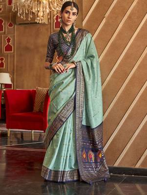 green ethnic motifs zari silk blend patola saree 1