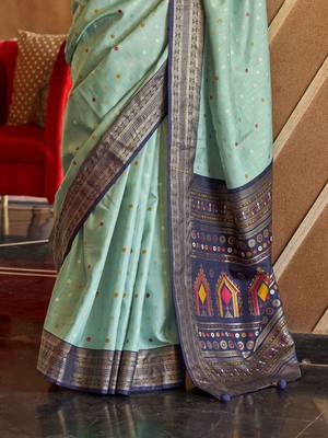 green ethnic motifs zari silk blend patola saree 3