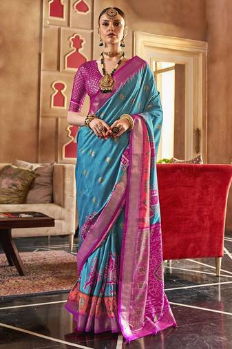 blue woven design zari silk blend patola saree