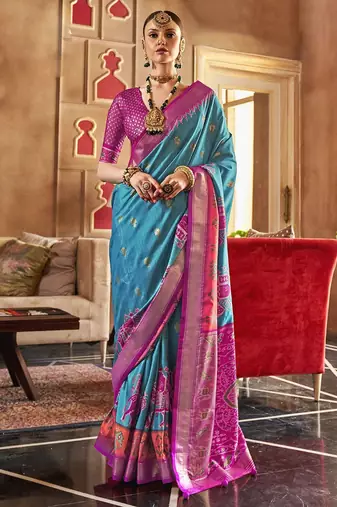 blue woven design zari silk blend patola saree