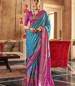 blue woven design zari silk blend patola saree