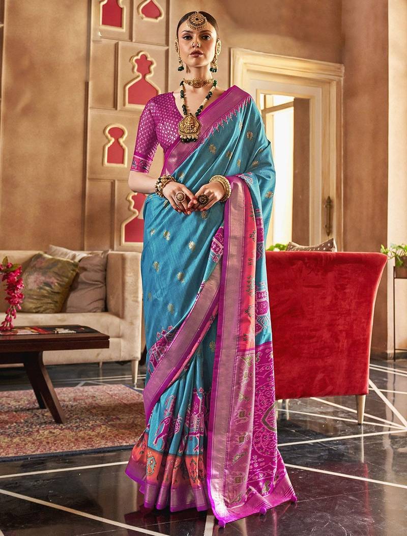 blue woven design zari silk blend patola saree