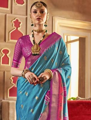 blue woven design zari silk blend patola saree 2