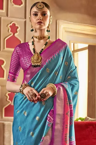 blue woven design zari silk blend patola saree