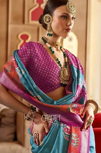 blue woven design zari silk blend patola saree