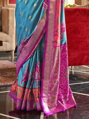 blue woven design zari silk blend patola saree 4