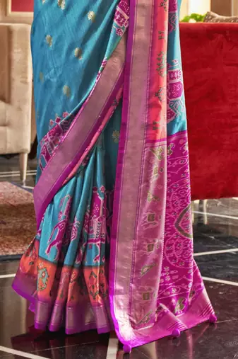 blue woven design zari silk blend patola saree