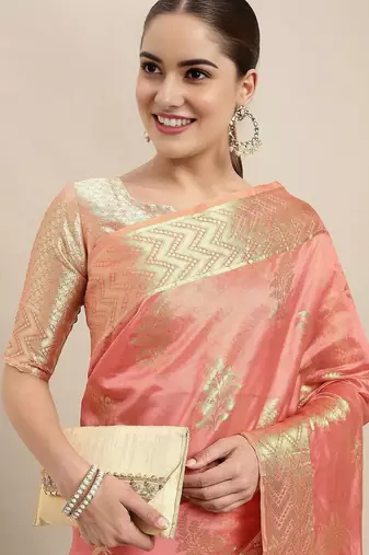 pink floral zari organza kanjeevaram saree