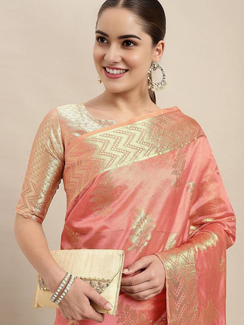 pink floral zari organza kanjeevaram saree