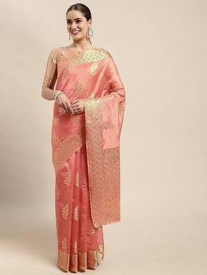 pink floral zari organza kanjeevaram saree 2