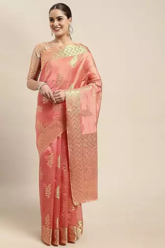 pink floral zari organza kanjeevaram saree