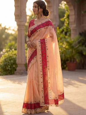 peach floral linen blend saree 1