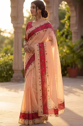 peach floral linen blend saree