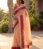 peach floral linen blend saree