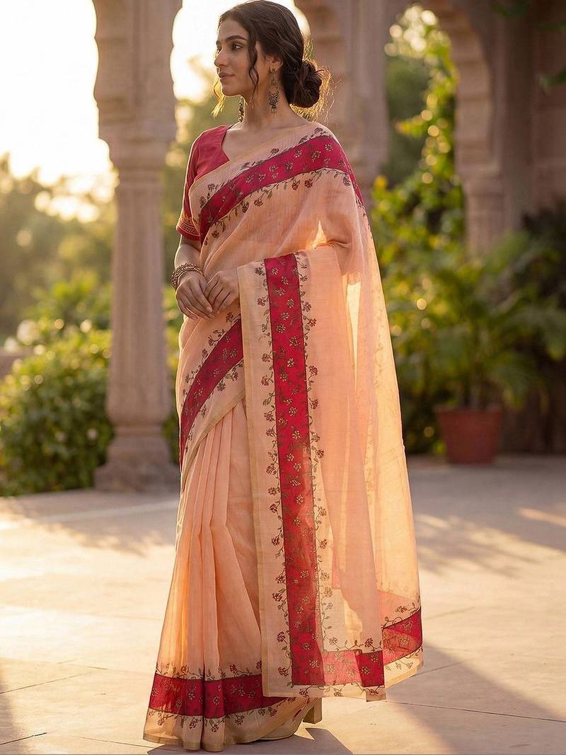 peach floral linen blend saree