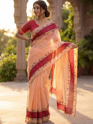peach floral linen blend saree 2