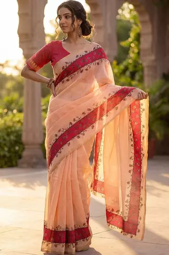 peach floral linen blend saree