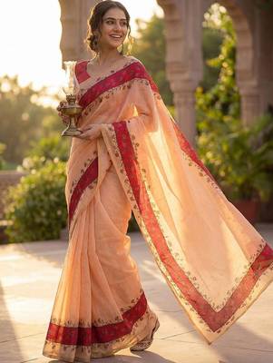 peach floral linen blend saree 3