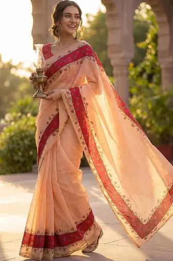 peach floral linen blend saree