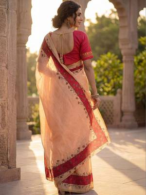 peach floral linen blend saree 4