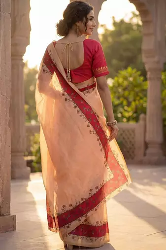 peach floral linen blend saree