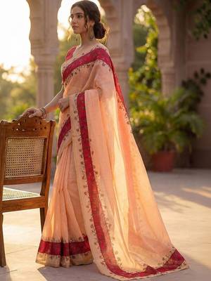 peach floral linen blend saree 5