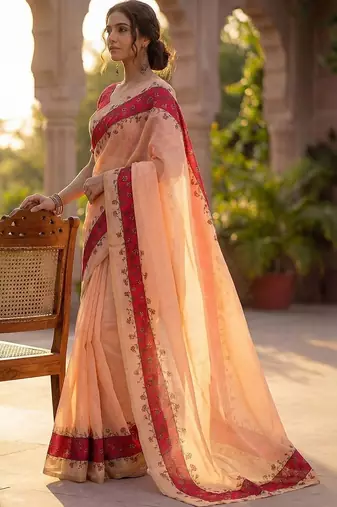 peach floral linen blend saree