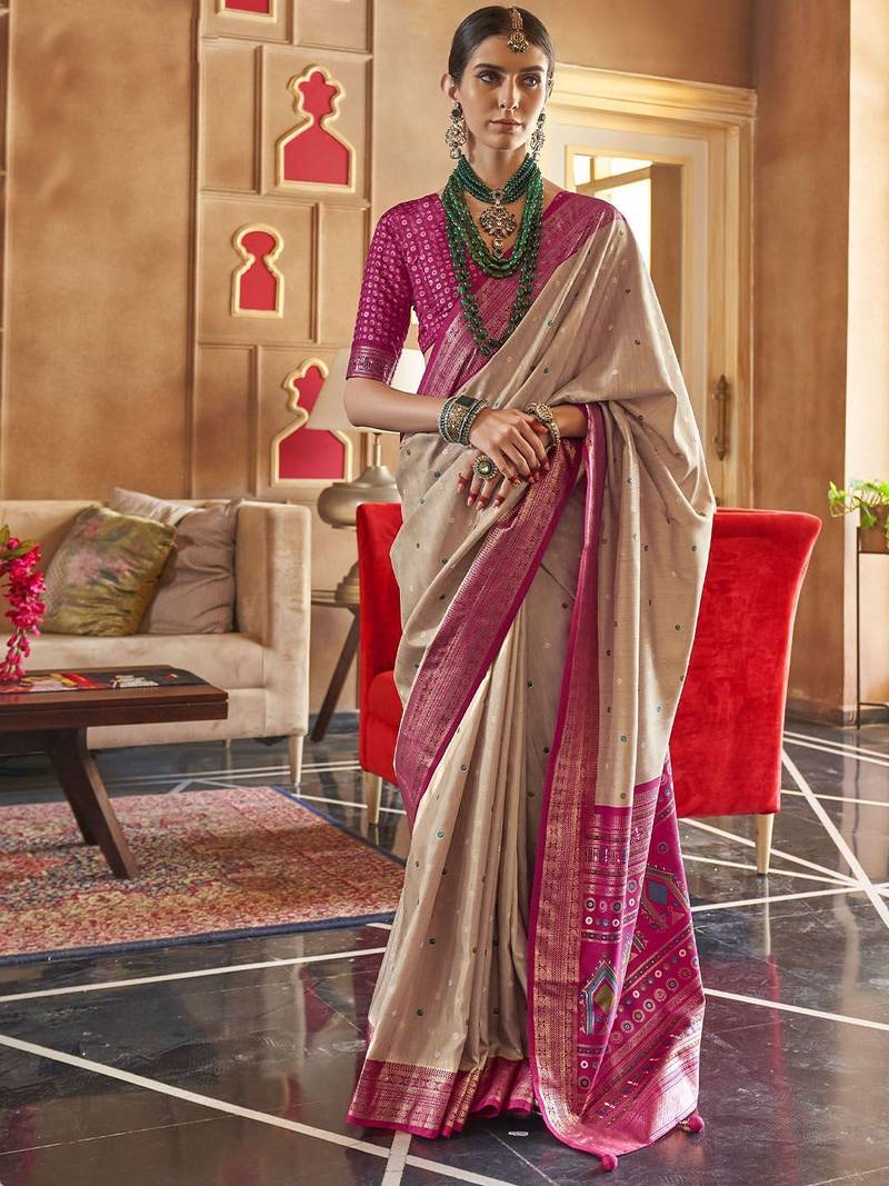 beige woven design zari silk blend patola saree