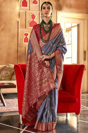 grey woven design zari silk blend handloom patola saree