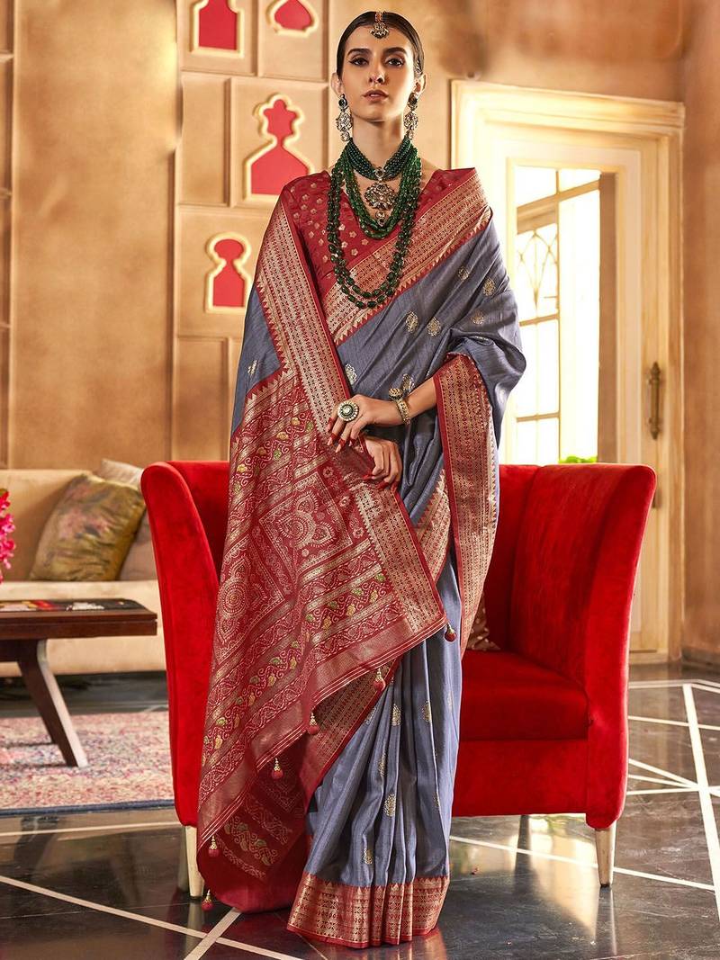 grey woven design zari silk blend handloom patola saree