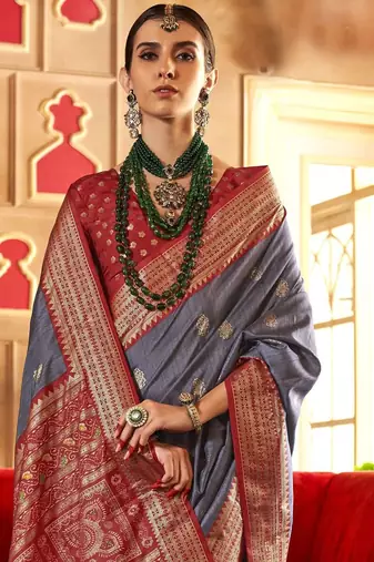 grey woven design zari silk blend handloom patola saree