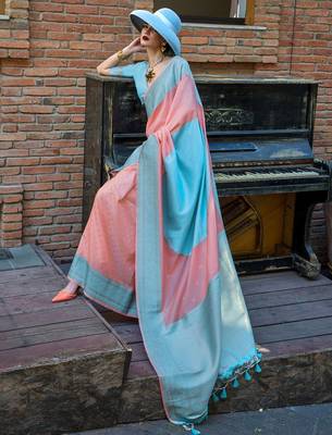 peach woven design zari banarasi saree 1