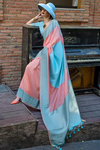 peach woven design zari banarasi saree