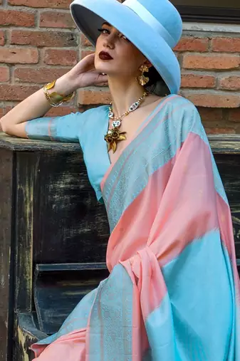 peach woven design zari banarasi saree