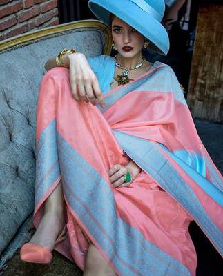 peach woven design zari banarasi saree 3