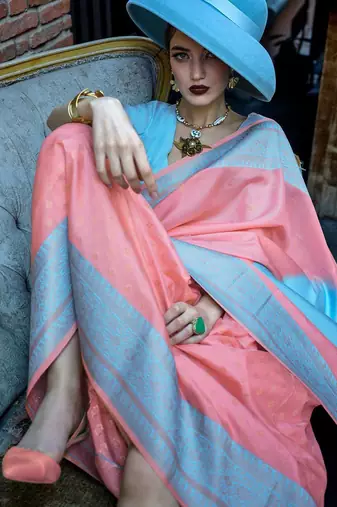 peach woven design zari banarasi saree