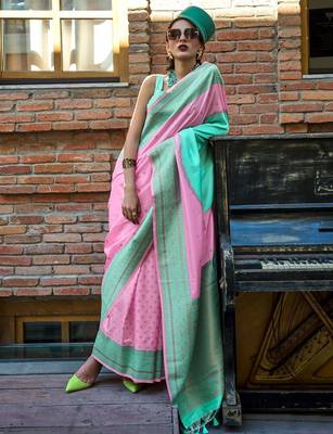 pink ethnic motifs zari banarasi saree 1
