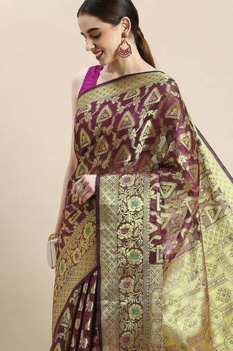 purple woven design ethnic motifs zari organza saree