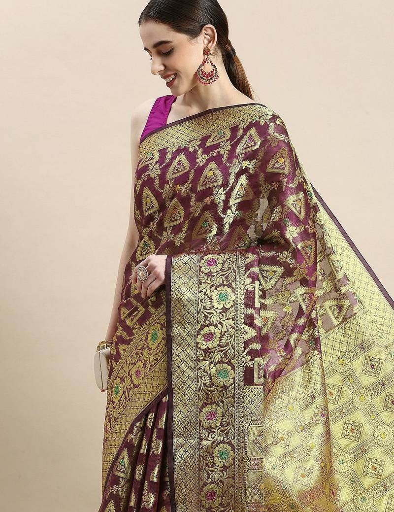 purple woven design ethnic motifs zari organza saree