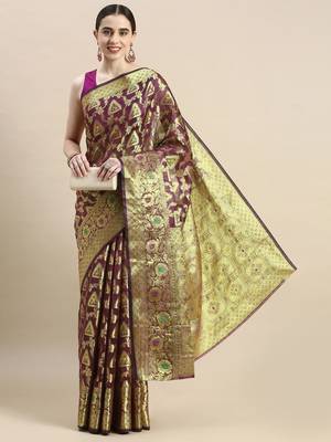 purple woven design ethnic motifs zari organza saree 2
