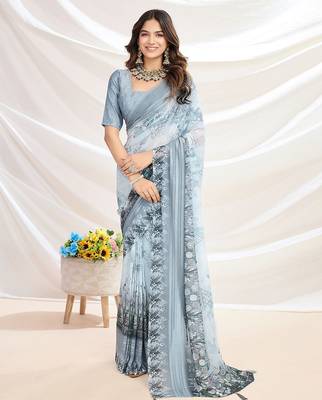 grey floral printed pure georgette saree 1