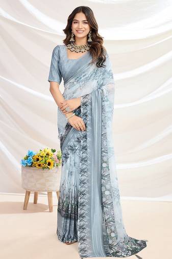 grey floral printed pure georgette saree